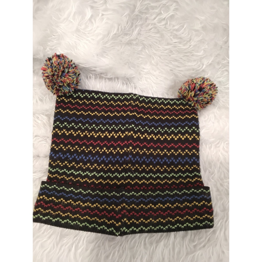 Vintage Style Rainbow Zigzag Knit Beanie with Pom Poms and Floral Accents Black - Picture 2 of 3